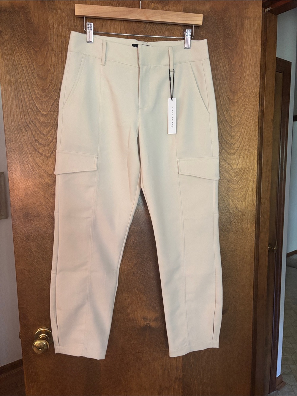 Sanctuary Cream Polished Cargo Trousers with Pocket Flap